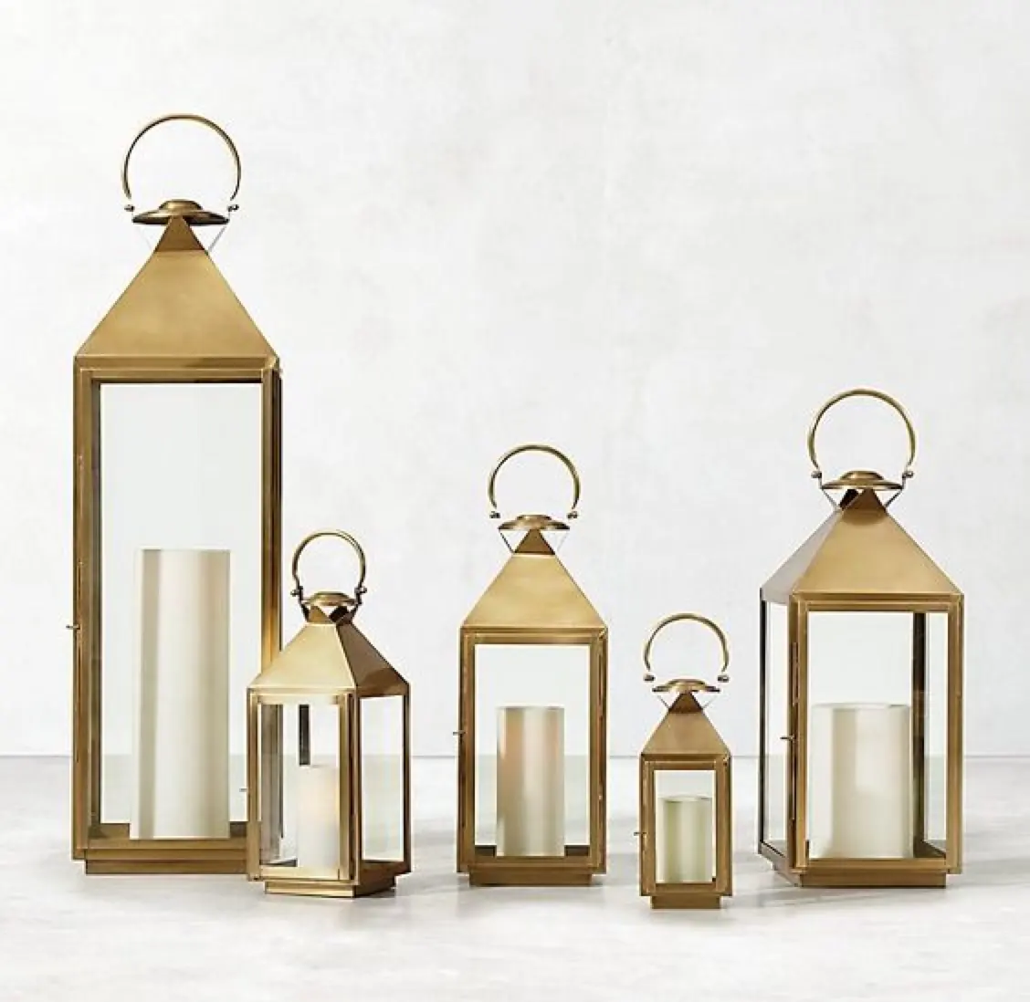 Tall Outdoor Decorative Gold Metal Candle Lanterns Set