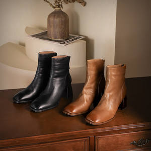 Bottes pour femmes tendance en cuir véritable de vache classique rétro à fermeture éclair décontractées à talon carré épais - Product Image 6