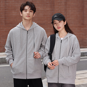 Unisex Gray <b>Hooded</b> Zipper Sweatshirt Oversized Knitted Cotton Casual Autumn Wear Regular Fit Solid Color Breathable Style - Product Image 1