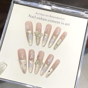 Ongles à presser de qualité supérieure, or pailleté ombré, nœuds translucides 3D et motifs floraux blancs, élégants ongles de mariée style féerique, vente en gros - Product Image 3