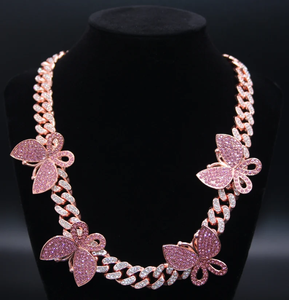 Elegante Collar de Cadena Cubana con Mariposa de Moissanita Estilo Hip Hop para Mujer, Joyería de Moda con Baño de Oro Rosa Premium - Product Image 1