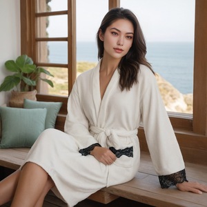 Luxury White Lace <strong>Bathrobe</strong> with <strong>Personalised</strong> Logo Winter Warm Soft Robe for Women Fleece Dressing Gown for Home Hotel-MOQ 2pcs - Product Image 1