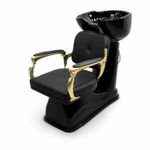 Fauteuil de lavage moderne avec lavabo en céramique, robinet, structure noire et dorée, base sur piédestal, pour salon de beauté, coiffeur, durable, facile à nettoyer - Product Image 1