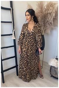 Robes longues élégantes et tendance pour femmes, style vintage, à manches longues, avec fente, imprimé animal, pour soirée d'automne - Product Image 4