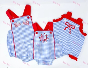 Abbigliamento Estivo per Neonati, Tutina a Bolle Personalizzata con Ricamo del 4 Luglio, Motivo a Quadretti Blu e Bretelle Rosse per Bambini e Bambine 2026 - Product Image 3
