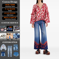 Jeans en denim classique à taille haute avec logo personnalisé pour femmes, pantalon évasé sexy pour le streetwear, pantalon évasé d'été
