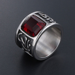 Men's <b>Titanium</b> Steel <b>Ring</b> With Red Gemstone Bezel Setting Wide Band SA350 Jewelry Gift - Product Image 2