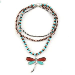 ファッション女性ジュエリー3層ブラックレッドナバホパールターコイズビーズリンク合金トンボターコイズクロスペンダントネックレス - Product Image 5