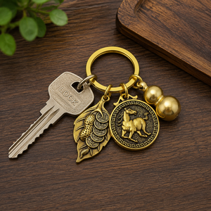 Llavero de latón vintage con dijes de los 12 signos del zodiaco chino, hoja de calabaza, moneda de cacahuete, colgante de bolsa de la suerte para hombre, regalo - Product Image 3
