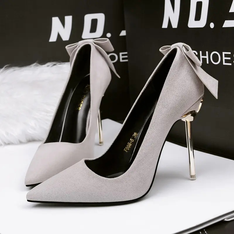 Factory Supplier Fashion Suede Pointed Bow Stiletto Sexy Heel Bride Wedding Shoes