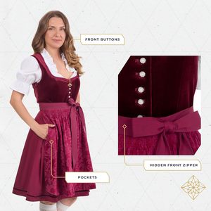 Robe Dirndl Courte Bavaroise Personnalisée Trois-Quarts Unie pour Femme, Tenue Traditionnelle Allemande d'Oktoberfest, Ensemble 3 Pièces avec Corsage en Velours - Product Image 6
