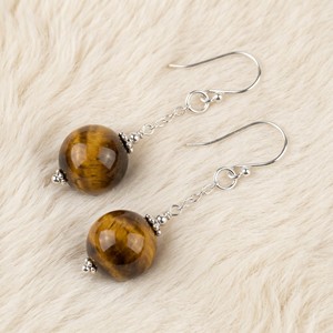 Ear Enlace Oem Odm Silver Plated Round Tiger Eye Bead Chain Dangle <b>Hook</b> <b>Earrings</b> Natural Gemstone Women Jewelry Wholesale - Product Image 3