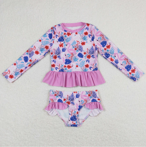 Traje de Baño de Dos Piezas para Niñas Pequeñas, Diseño Floral Dulce, Manga Larga, Transpirable, Nailon/Algodón - Product Image 4