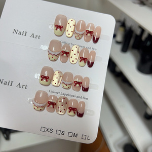 Newby High End Boutique estilo francés hecho a mano prensa en las <span class=keywords><strong>uñas</strong></span> amarillo claro princesa falda diseño lunares <span class=keywords><strong>uñas</strong></span> artificiales - Product Image 6