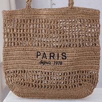 Fourre-tout d'été en paille brodée à la main, fourre-tout évidé de plage, sac à bandoulière pour femmes