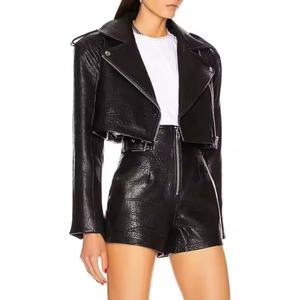 Nuevo Diseño de Alta Calidad, Conjunto de Cuero para Mujer, Chaqueta Corta con Cierre, Shorts en Línea A, Falda de Cuero Brillante, Traje de Mujer - Product Image 3