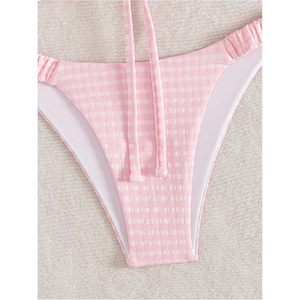 FOXA Women's 2 Piece <b>Bikini</b> <b>Set</b> Tie Front Ruffled Wireless Padded Swimsuit Pink Gingham Pattern - Product Image 5