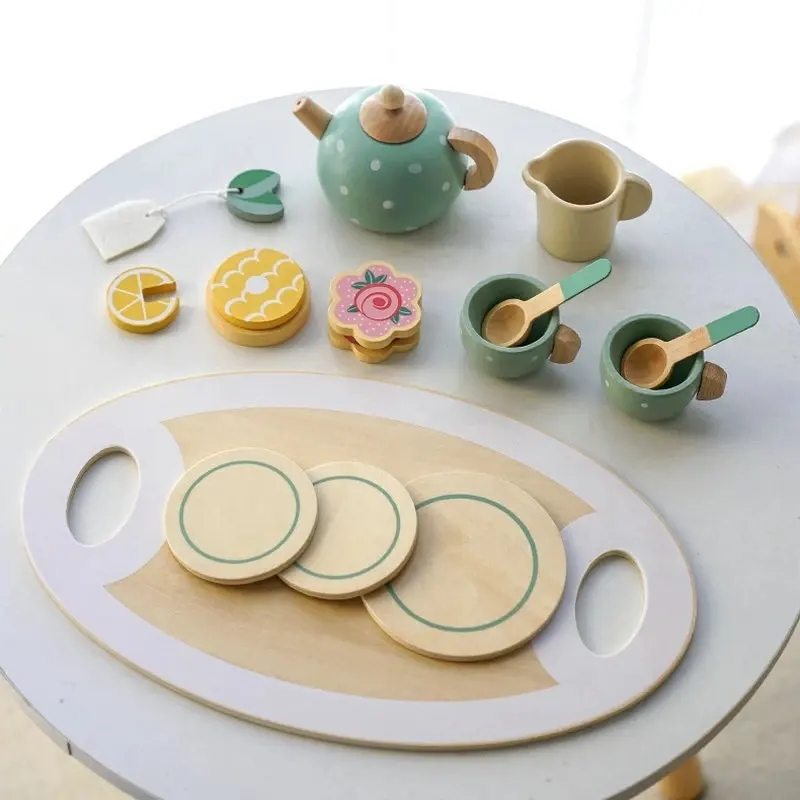 Wooden Kids Toys Tableware Play Set Afternoon Tea Dessert Cake Sales Tea Pot Cup Wooden Tea Set Pretend Play Preschool