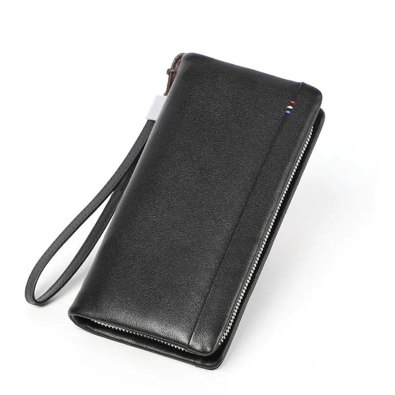 Men Wallets Clutch Long Purse Wallet with Zipper Cowhide Leather Brand Designer Luxury China Factory Business Custom Logo Black