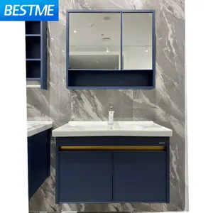 Azul de parede montado em cerâmica único bacia do banheiro vanity armário com lavatório gabinete de alumínio