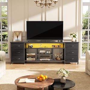 Consola multimedia para dormitorio con estantes abiertos, soporte de TV negro, centro de entretenimiento, tomas de corriente, cajones de tela, cómoda - Product Image 3