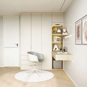 Armario Moderno Minimalista Beige Santopova con Escritorio Integrado, Tiradores Dorados y Estantes Abiertos, Muebles de Dormitorio - Product Image 2