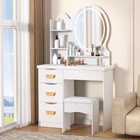 Bureau de toilette blanc avec miroir LED rond et armoire latérale à 3 tiroirs, table de maquillage compacte pour chambre à coucher.