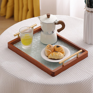 ถาดไม้ทรงสี่เหลี่ยมพร้อมกระจกฝังลายดอกไม้ สำหรับเสิร์ฟชา กาแฟ ใช้ในโรงแรม - Product Image 3