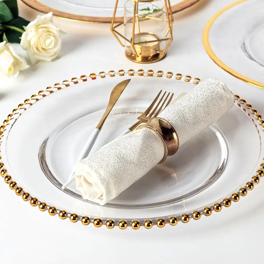 Alta calidad de 8,25 "10,5" 12,5 "La cena bajo placa de vidrio decorativo con cuentas de oro cargadores placas para boda