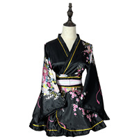 Robe kimono courte pour femme, imprimé floral, col en V, manches larges, ceinture obi, ourlet à volants, costume japonais Yukata en satin