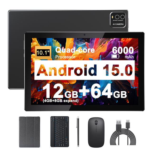 10.1inch 4GB RAM+64GB ROM+8 GB Expand Android 15 Tablet with Keyboard and Mouse 6000mAh Battery for Business