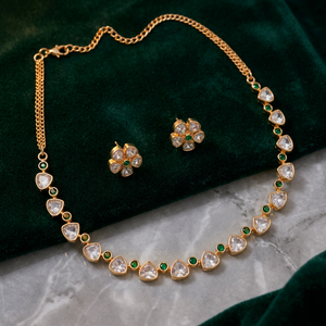 Elegant CZ Crystal Tennis <b>Chain</b> Necklace Set Flower <b>Stud</b> <b>Earrings</b> Emerald Green Stone Minimalist Party Wear Jewelry - Product Image 3