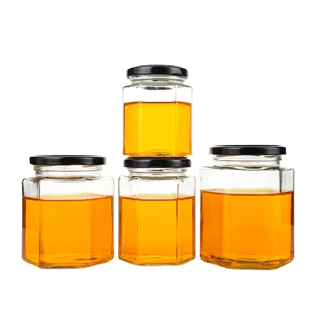 Top Seller 280ml 500ml Hexagonal Pickle Jam Storage Honey Glass Jars With Lids