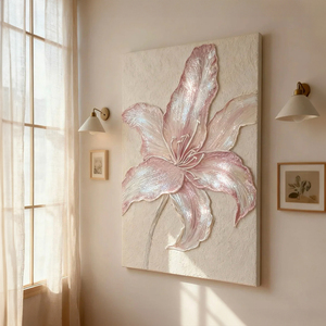 Peinture à l'huile 3D texturée épaisse, Lys rose peint à la main, Effet nacré scintillant, Art floral sur toile, <span class=keywords><strong>D</strong></span>écoration murale crème Wabi Sabi pour chambre à coucher - Product Image 1