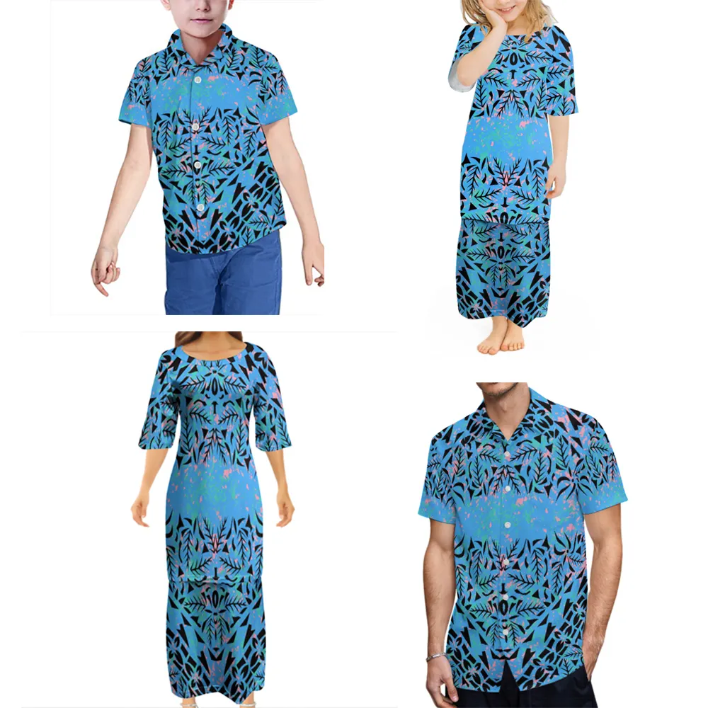 Robe personnalisée à la demande de l'île du pacifique Art Puletasi, Style polynésien hawaïen, chemises Aloha à la mode pour hommes, ensemble familial de quatre pièces