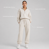 Ensemble survêtement molletonné 2 pièces pour femme avec sweat-shirt demi-zip et pantalon, tenue décontractée oversize, personnalisable OEM, vente en gros