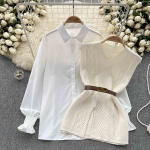 Mode Automne Chic : Gilets en tricot cintrés à la taille et Chemises blanches décontractées à manches longues à revers pour <span class=keywords><strong>femme</strong></span> - Product Image 5