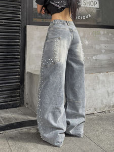 Jeans à jambes larges et droites pour femmes, ornés de diamants, pantalons de style streetwear pour femmes, vente en gros à bas prix - Product Image 5