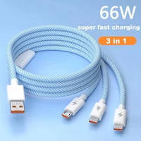 Câble de données universel 6A 66W 3-en-1 à charge rapide USB Type-C vers Micro USB, en nylon tressé avec conducteur en cuivre pur