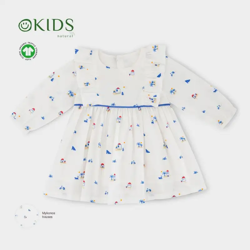 Imprimé col rond bébé fille vêtements tissé 100% coton bio bébé robe peau amicale bébé robes 0-12 mois