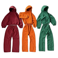 Conjunto de 2 piezas de sudadera con capucha corta y pantalones acampanados estilo vintage lavado, chándal oversize, traje de streetwear en blanco para logotipo personalizado, venta al por mayor