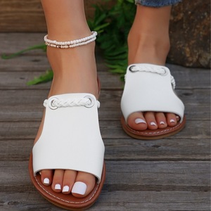 Exquisitas Sandalias Planas de Mujer con Tira Trenzada de Color Sólido, Pantuflas Planas de Piel Sintética de Primera Calidad, Calzado Informal para la Playa, Vacaciones y Uso Diario - Product Image 1
