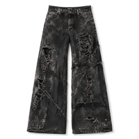 Jean en denim déchiré à imprimé vieilli pour homme, noir et gris délavé, avec panneau horizontal déchiré, boucle à sangle et coupe large, OEM