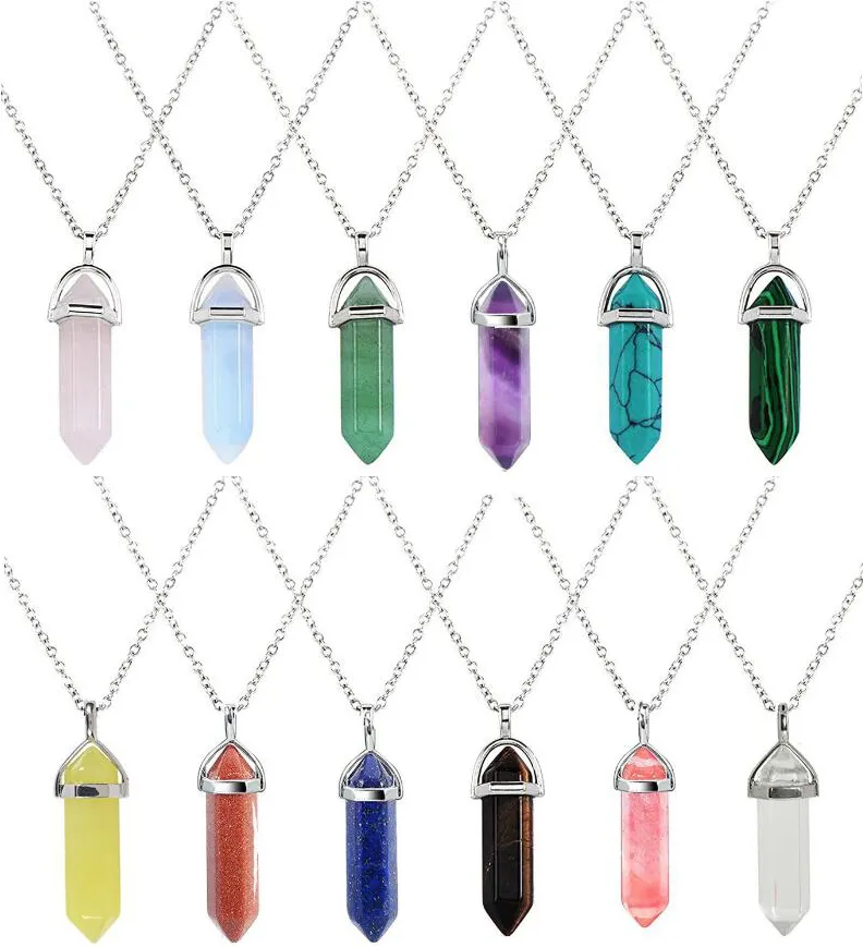 Crystal Necklace Hexagonal Pendant Gemstone Chakra Healing Energy Stone Charm Jewelry with Stainless Steel Chain