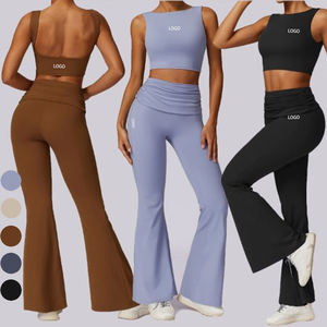 Women's Yoga <b>Leggings</b> Set Solid Color Elastic Waist Flared Pants Breathable Quick Dry Spandex <b>Nylon</b> Two Piece Fitness Workout We - Product Image 5