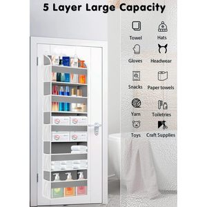 Organisateur de rangement à suspendre sur la porte, 5 poches, 10 poches latérales en maille, gris clair, pour salle de bain et chambre à coucher - Product Image 5