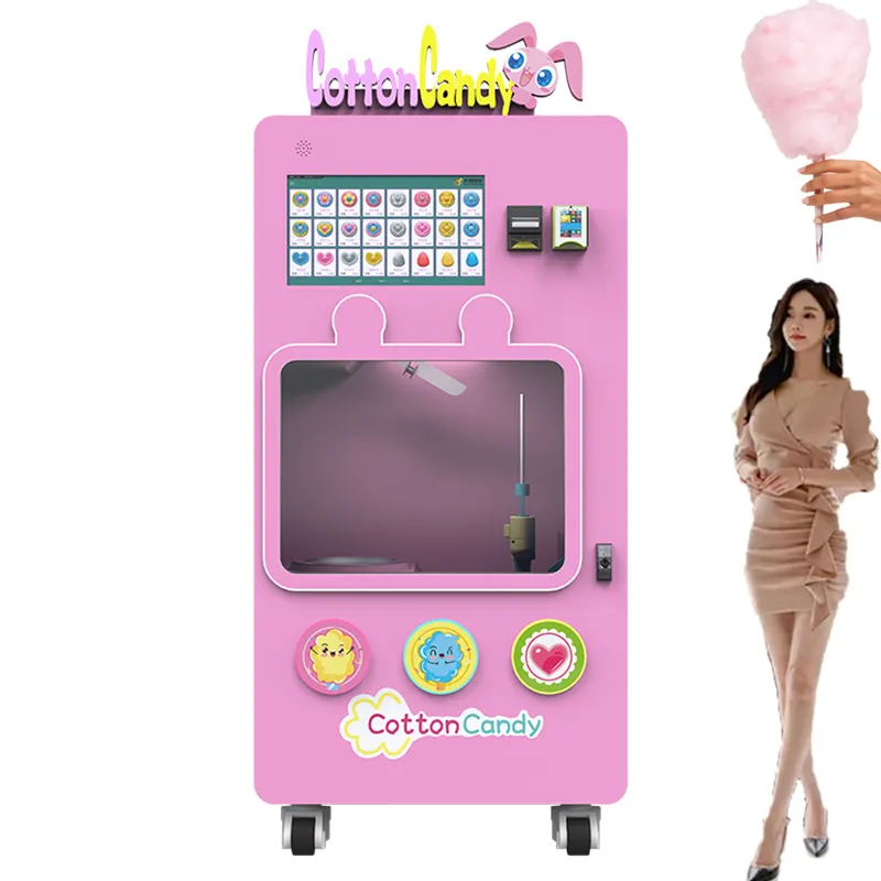 Máquina personalizada Máquina comercial de algodón de azúcar segura y divertida Máquina expendedora automática de algodón de azúcar dulce última Flor de hilo dental