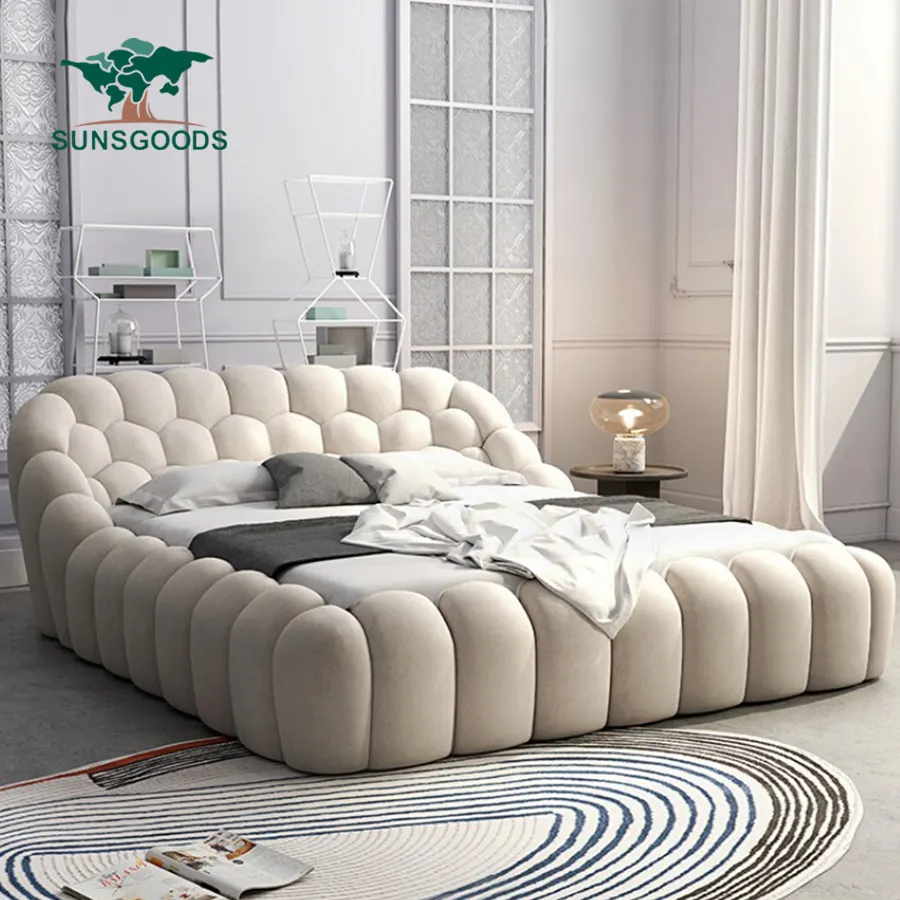 Uniek Design Kingsize Bed Donkerblauwe Stof Fluwelen Bed Kingsize Met Matras Modern 3d Bubble Gestoffeerd Bed