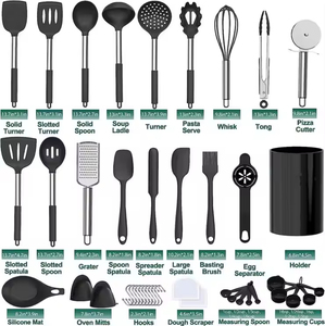 Ustensiles de cuisine noirs résistants à la chaleur, 43 pièces, ensemble d'ustensiles de cuisine en acier inoxydable avec poignée en silicone et support - Product Image 2