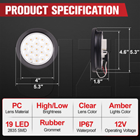 Feux arrière de remorque ronds à LED ambre de 4 pouces, 19 LED, feux de freinage, de stop et de clignotants avec œillets, étanches IP67, câbles à 3 broches